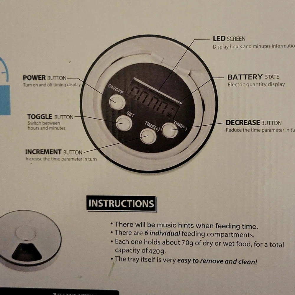 Timed Pet Feeder 6 compartments hold 70g dry or wet food LED screen battery NEW…